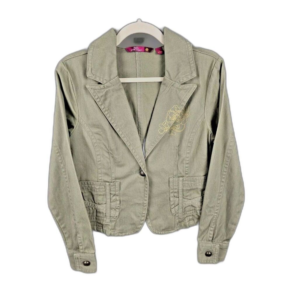Denim Girls Jean Jacket Junior L Green Pockets Art Boho Y2K Army Green